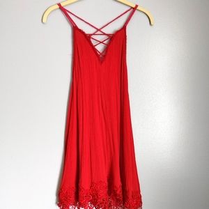 Free People Red Lace Cross Back Strap Tunic Tank M